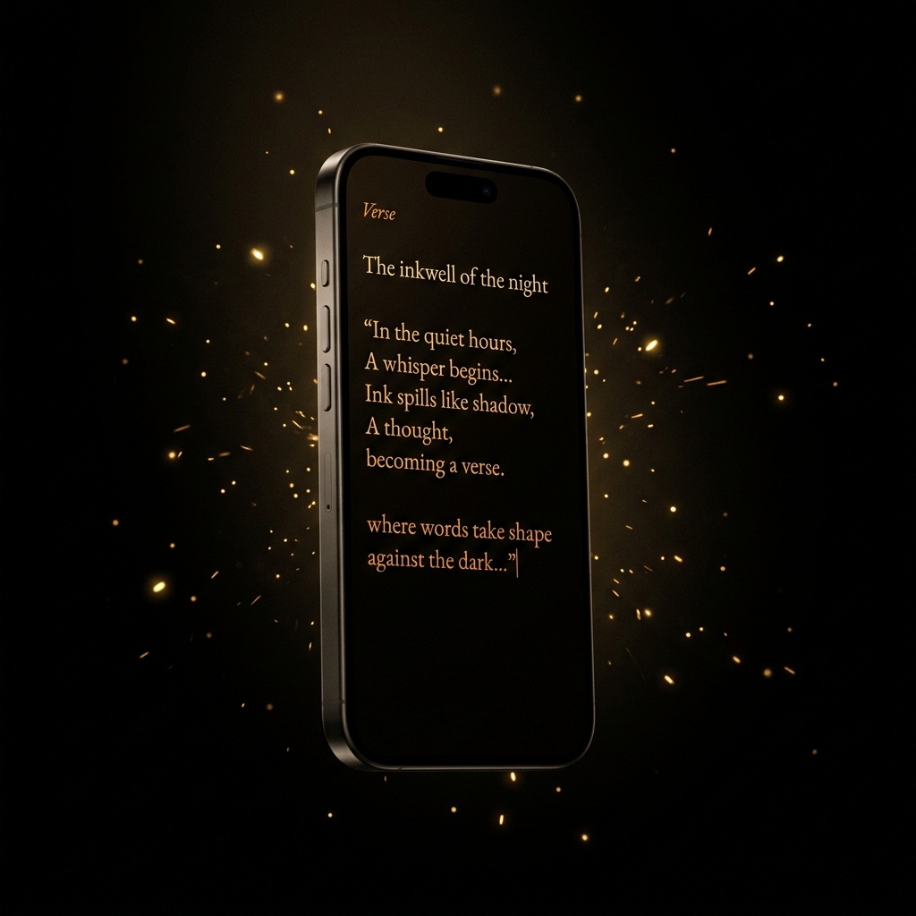 Poemir on iPhone showing a poem composed in amber text on black